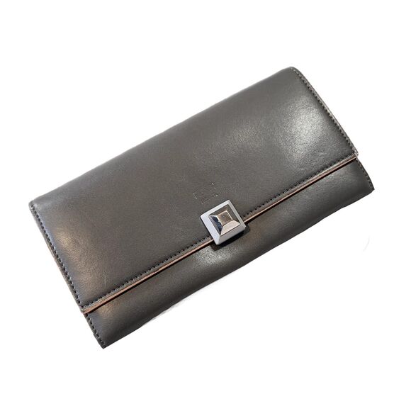Fendi (Authentic) Gray Leather FF Baguette Long Fold-over Wallet w/ Pink Trim - Picture 11 of 12